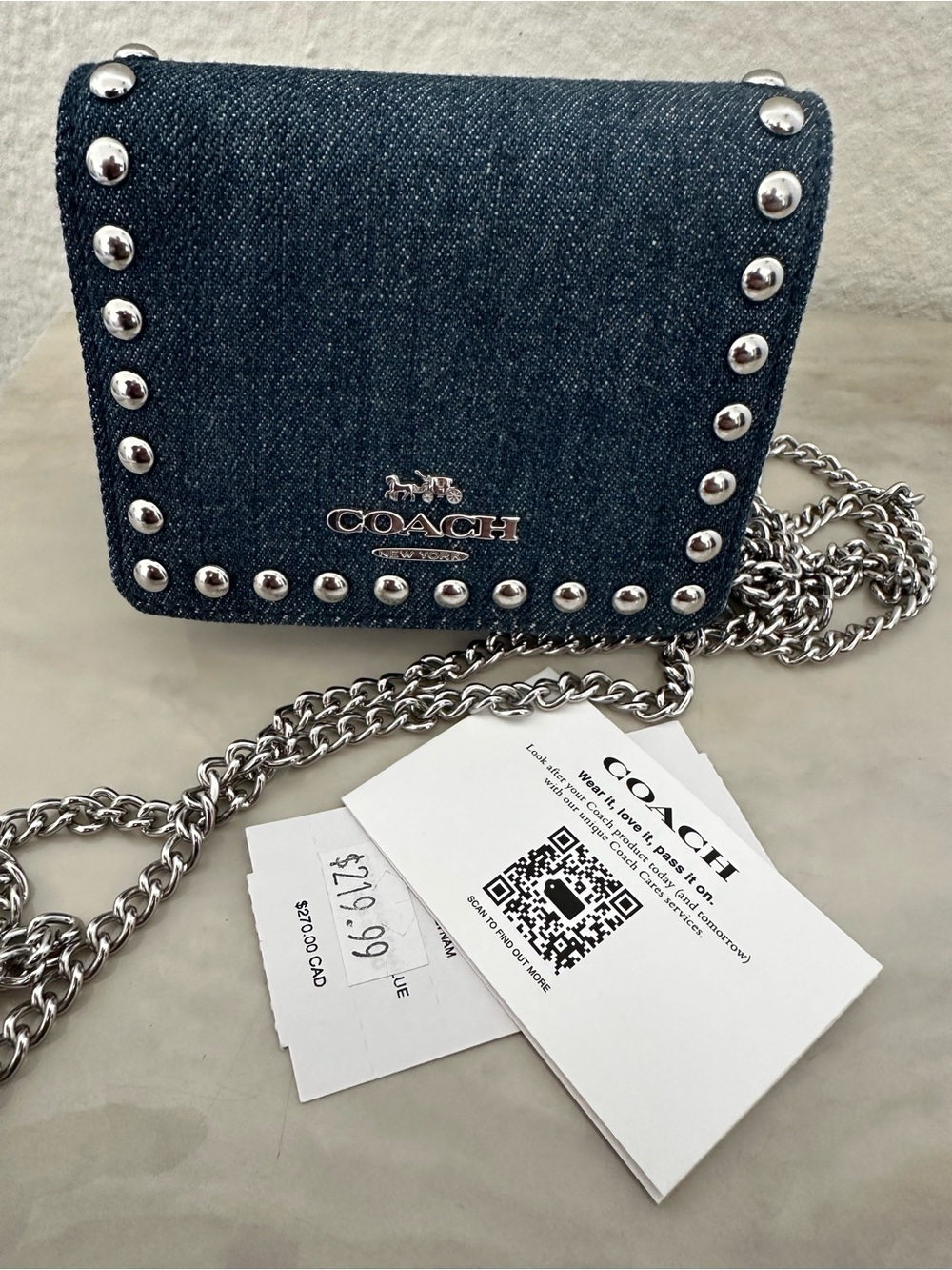 Coach Dark Blue Denim Studded Crossbody with Silver Chain